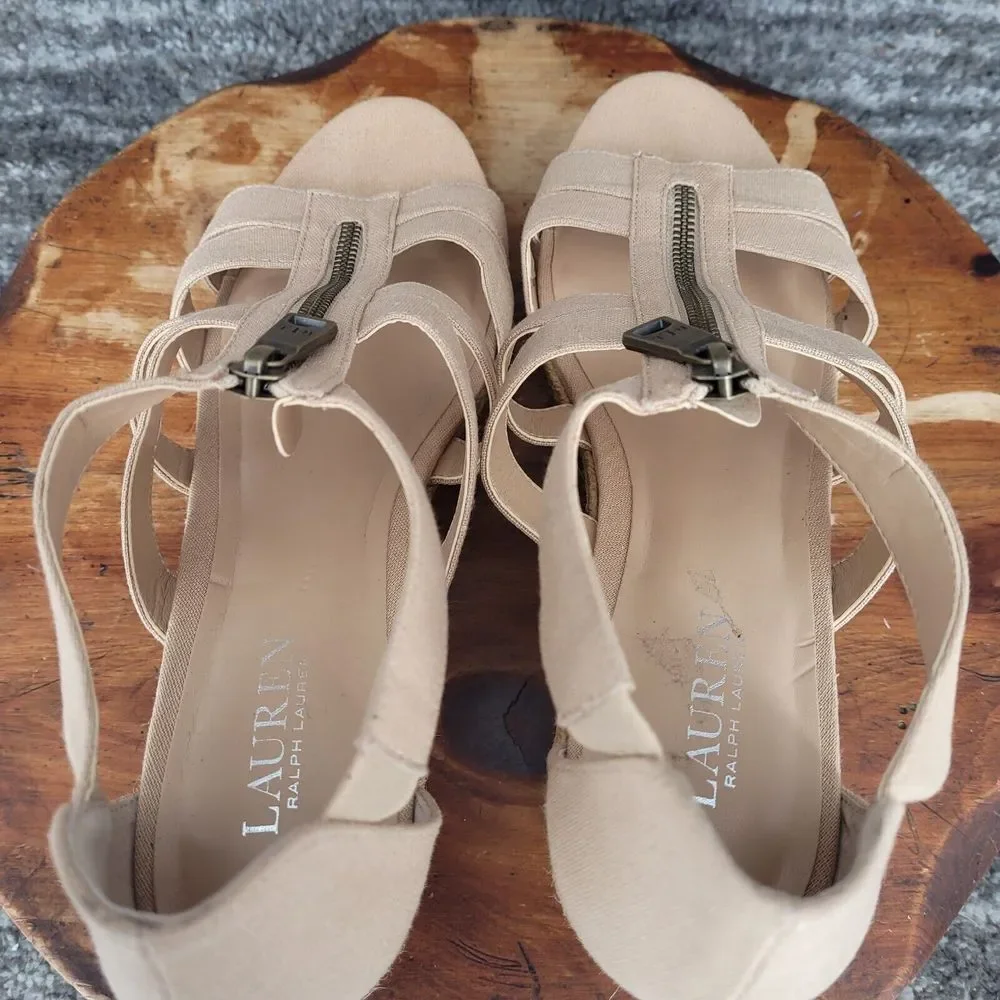 Lauren Ralph Lauren‎ Kelcie Espadrille Sandals Womens 11 Beige Canvas Open Toe